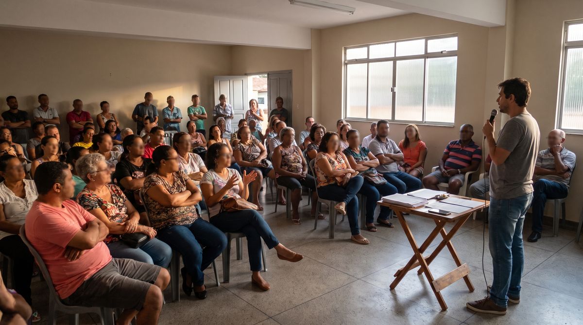 Grupo de moradores de condomínio reunidos em assembleia, sentados em fileiras de cadeiras discutindo pauta e votação