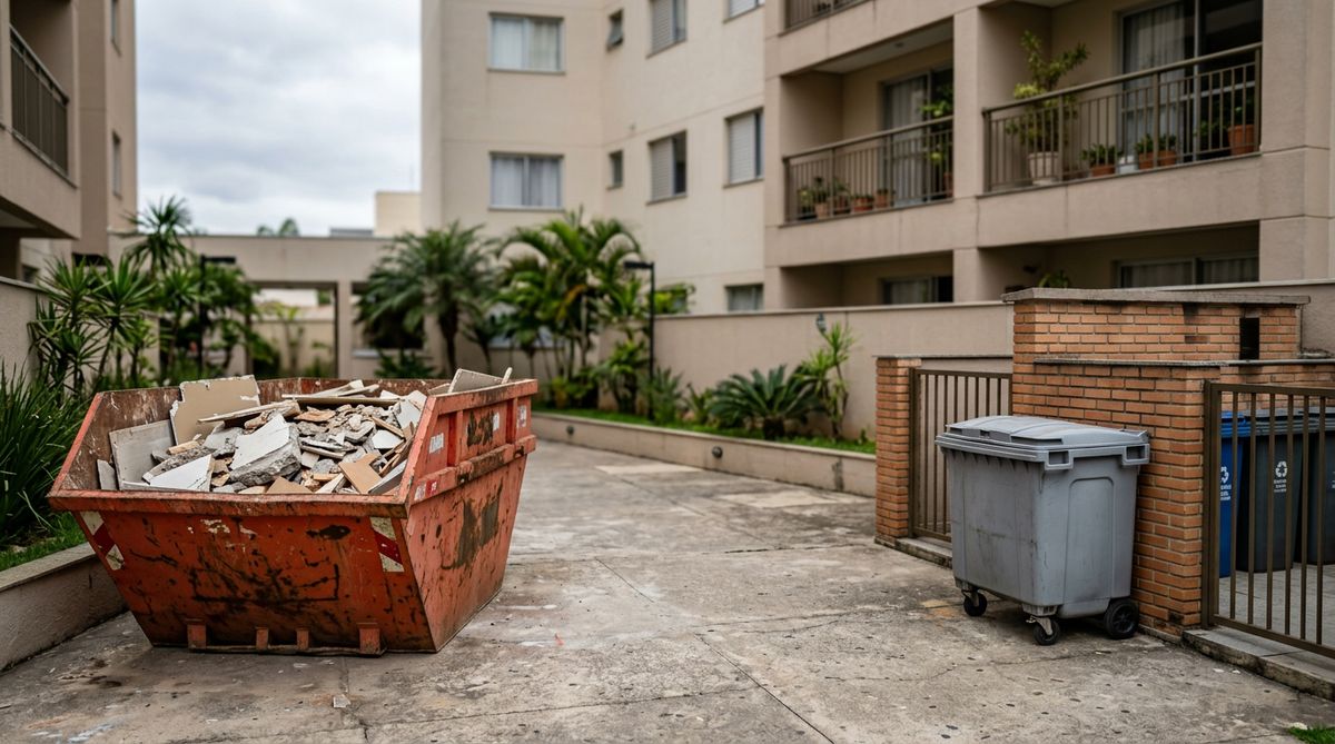 Caçamba metálica de entulho estacionada ao lado de um contentor plástico de lixo com rodas, lado a lado em pátio de condomínio