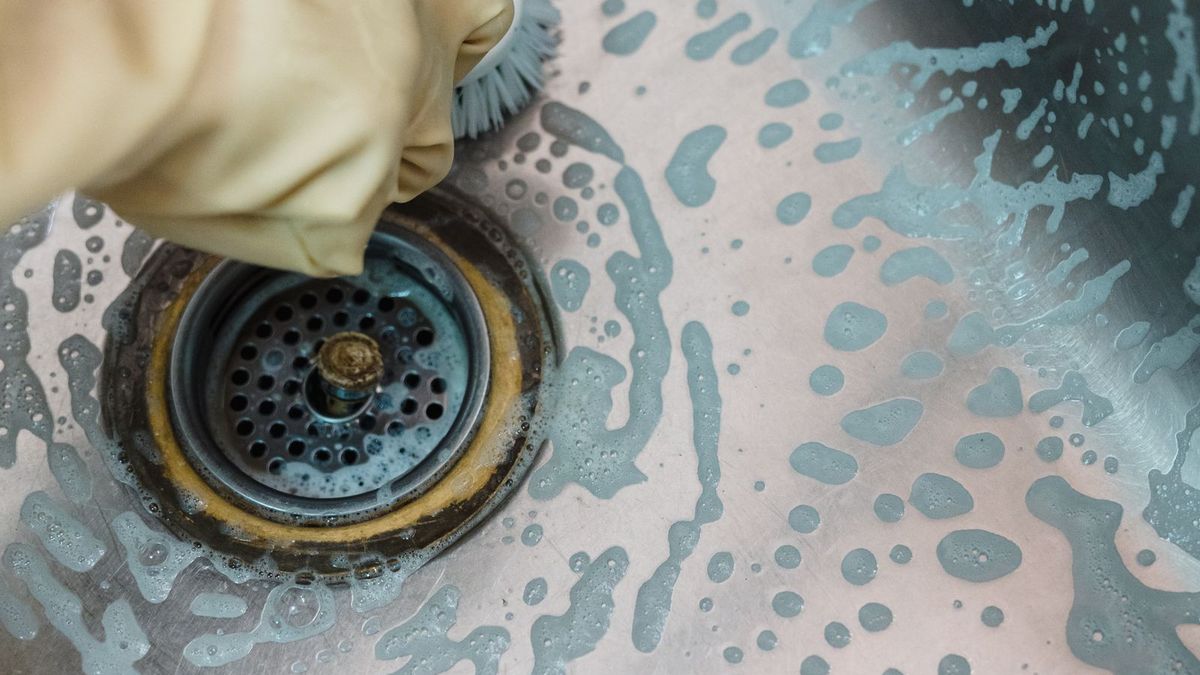 Mão com luva de borracha esfregando o ralo de uma pia de cozinha de inox com espuma — por onde a gordura desce até a caixa de gordura