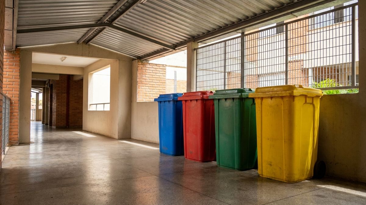 Fileira de lixeiras coloridas para coleta seletiva - azul, vermelho, verde e amarelo - em área de resíduos de condomínio