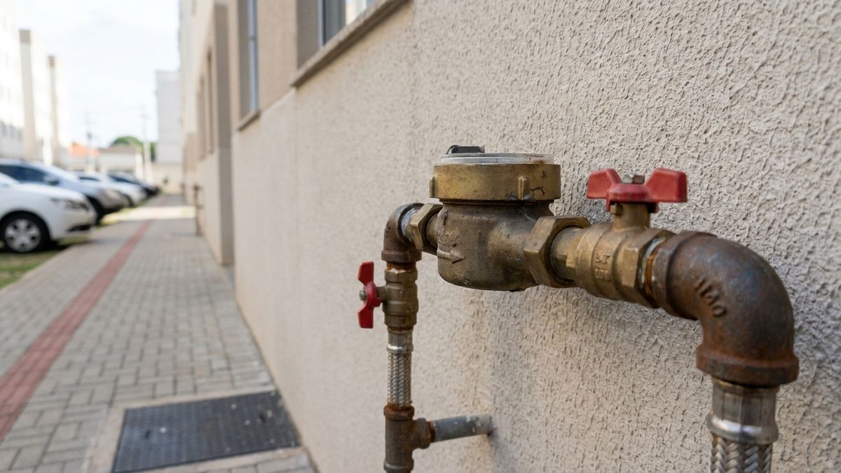 Hidrômetro de água instalado na parede externa de um condomínio, com tubulações visíveis, representando o monitoramento de consumo de água
