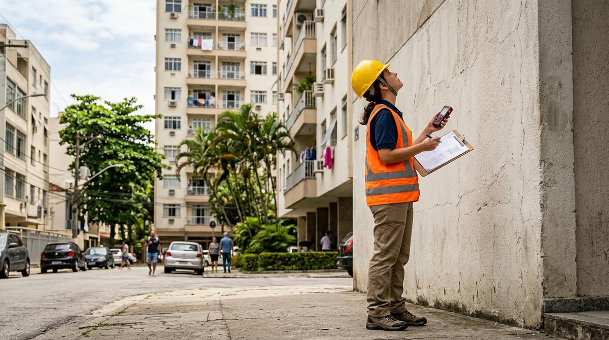 Engenheiro com prancheta e capacete inspecionando a fachada e estrutura externa de um prédio residencial