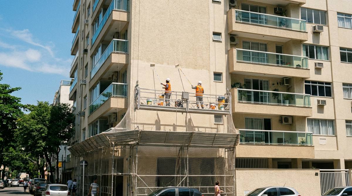 Fachada de prédio residencial em reforma, com andaime e pintor aplicando tinta na parede externa