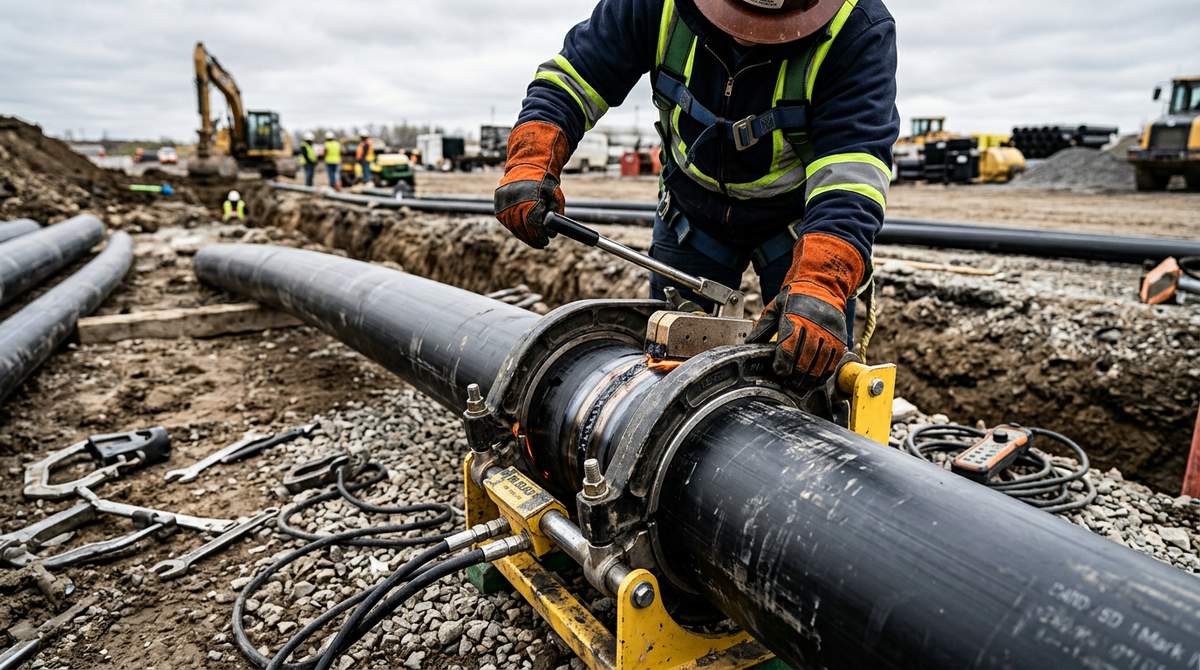 Técnico soldando tubulação de PEAD com máquina de termofusão em canteiro de obra