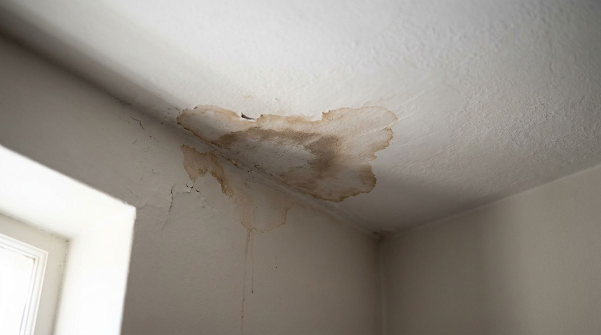 Mancha de umidade e infiltração se espalhando no teto de gesso de um apartamento, sinal de vazamento vindo da unidade de cima