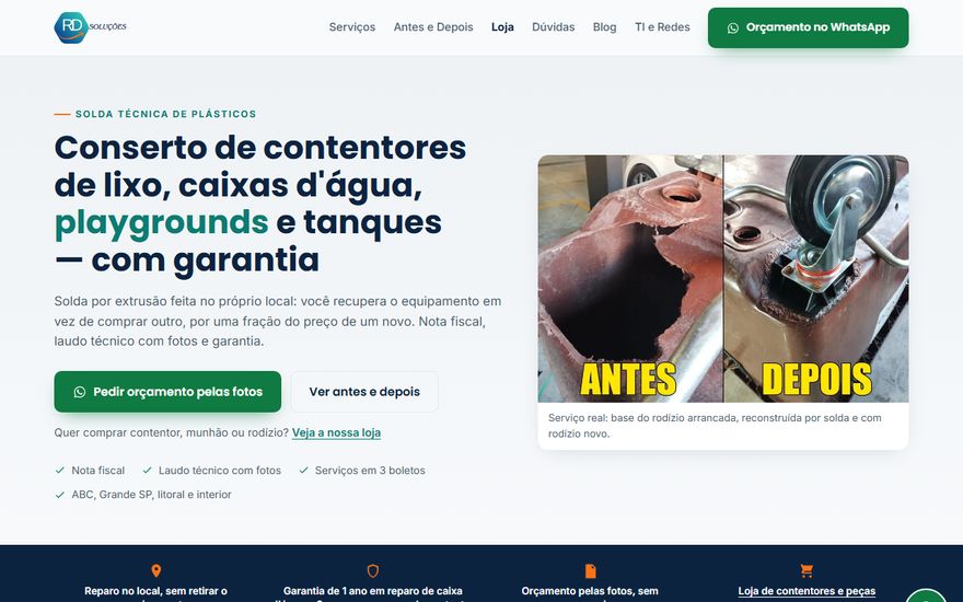 Site da RD Soluções: conserto de contentores de lixo, caixas d'água, playgrounds e tanques, com foto de antes e depois