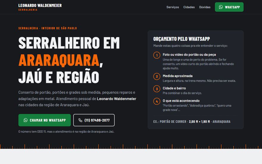 Página da serralheria do Leonardo: título Serralheiro em Araraquara, Jaú e região, com botões de WhatsApp e ligação