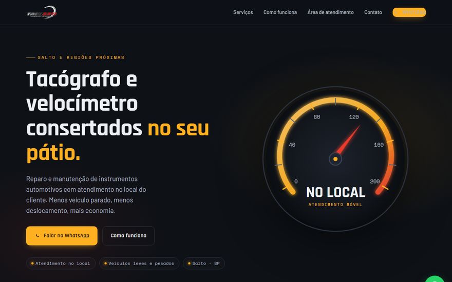 Site da TacoZati: título Tacógrafo e velocímetro consertados no seu pátio, com um velocímetro desenhado