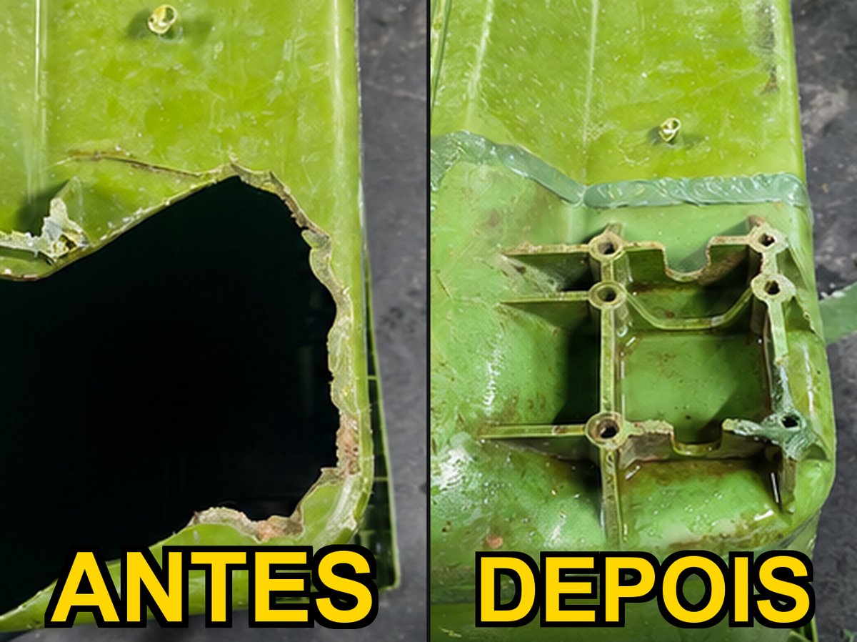 Reparo de contentor de lixo por solda de extrusão — antes e depois